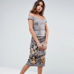 ASOS Border Floral Bardot Midi Pencil Dress